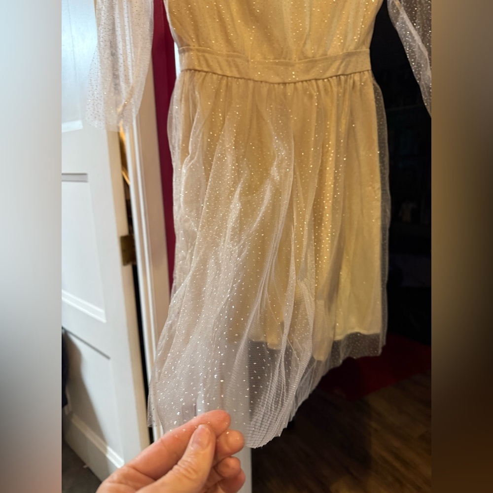 Elegant Cream Sheer Sleeve Dress with Sparkles, Open Back! New!! - Picture 4 of 14
